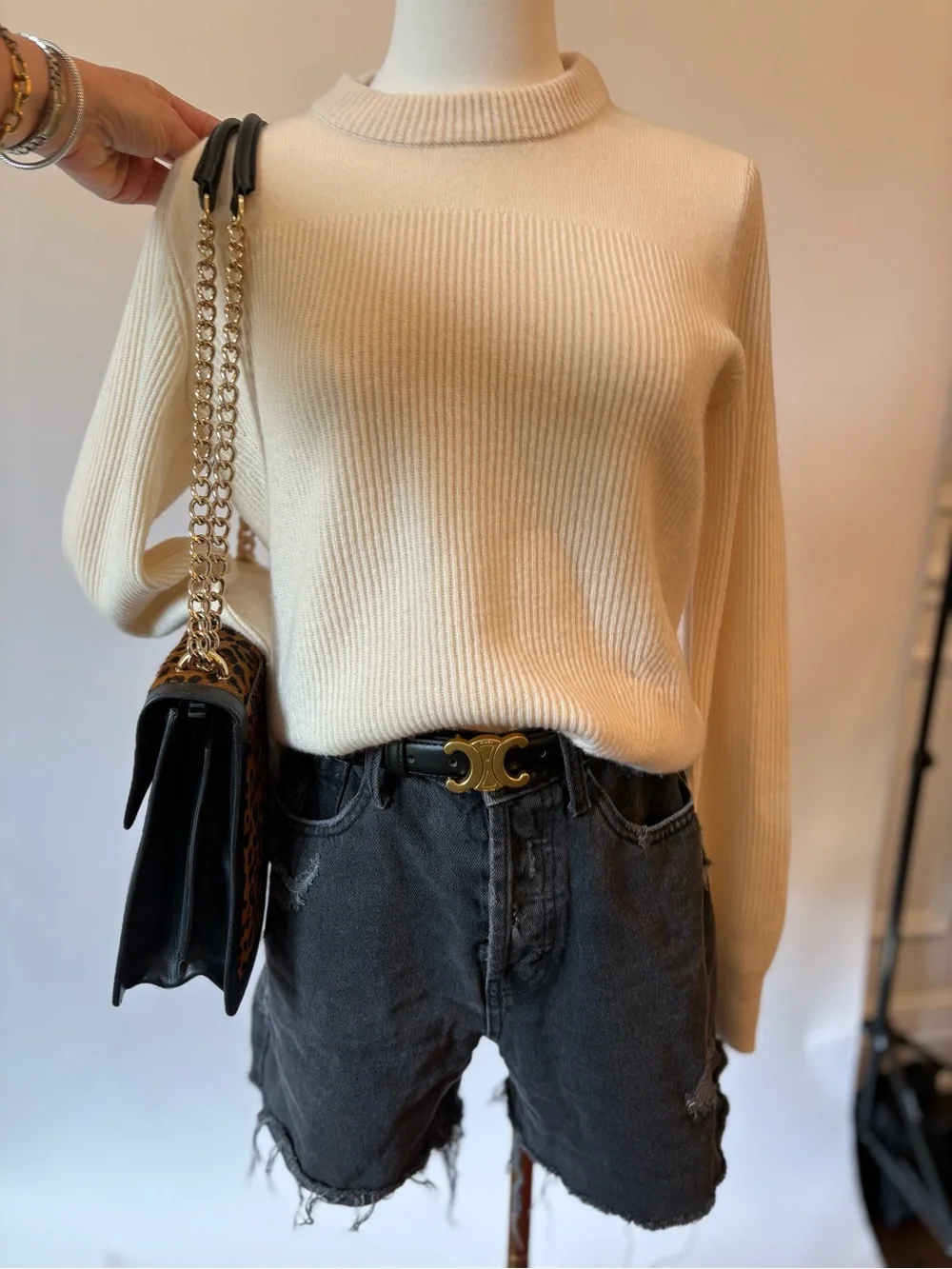 Italian Leather & Leopard Calf Hair Shoulder Bag with Gold Chain